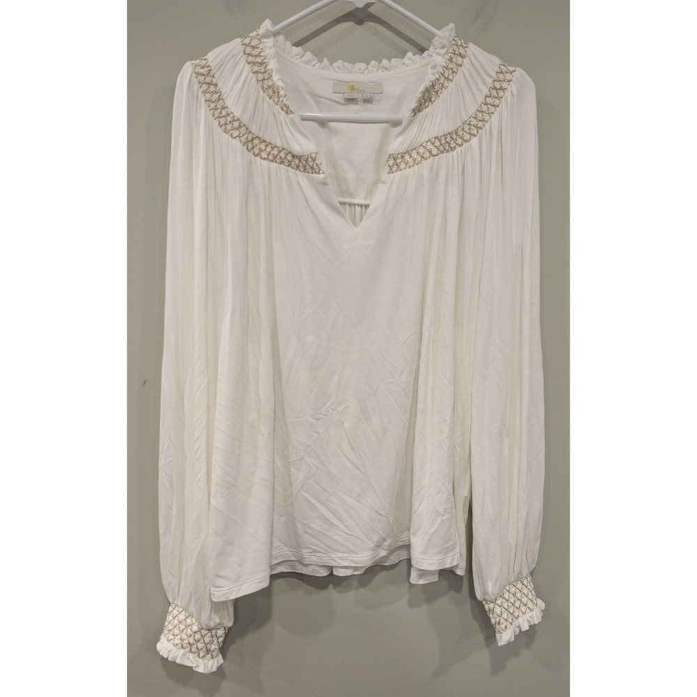 Boden Smocked Metallic Viscose Long Sleeve Blouse Size 12
